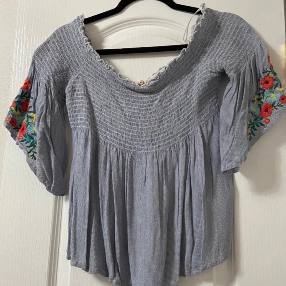 Blue embroidered off the shoulder top <3